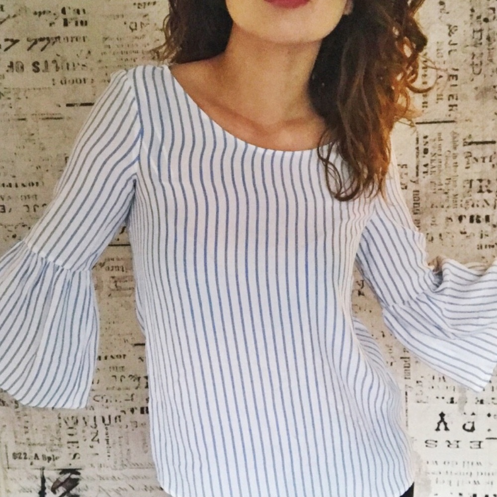 Zara striped bell sleeve viscose blouse
